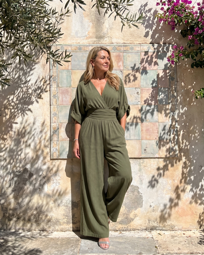 Draped V Neck Wide Leg Relaxed Jumpsuit