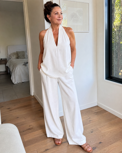 Zorelle | Halter Neck Denim Top And Wide Leg Pants Set