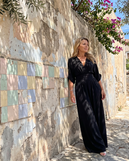 Draped V Neck Wide Leg Relaxed Jumpsuit