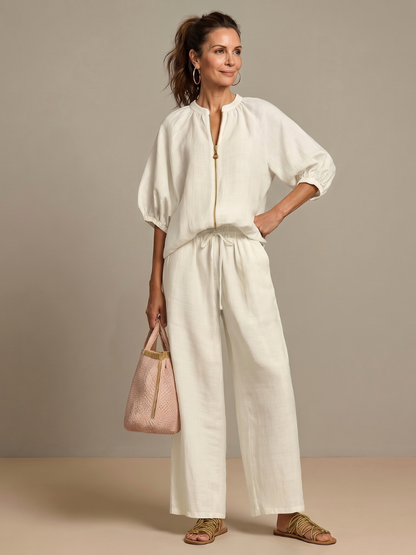 Zip Front Blouson Top Wide Leg Set