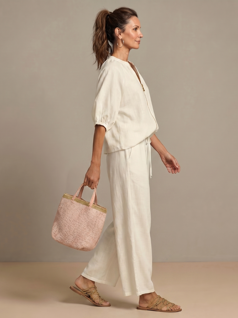 Zip Front Blouson Top Wide Leg Set