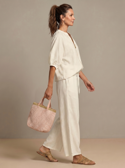 Zip Front Blouson Top Wide Leg Set