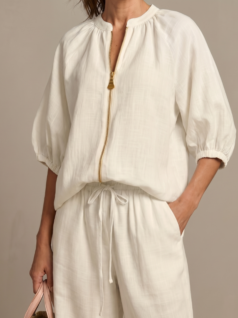 Zip Front Blouson Top Wide Leg Set