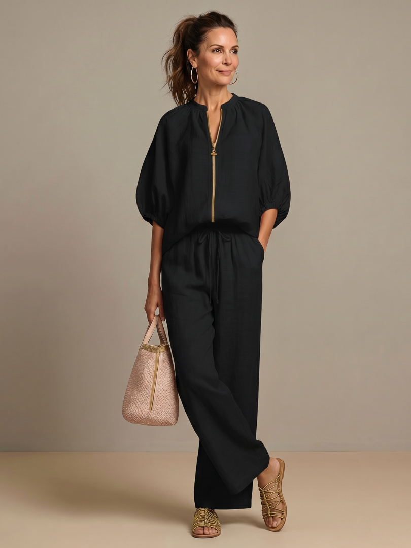 Zip Front Blouson Top Wide Leg Set