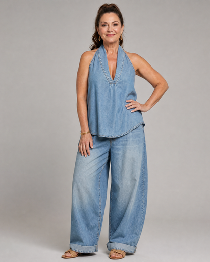 Zorelle | Halter Neck Denim Top And Wide Leg Pants Set