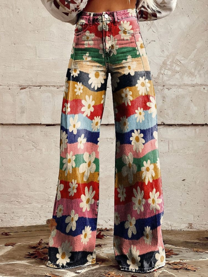 Retro Floral Wide-Leg Pants