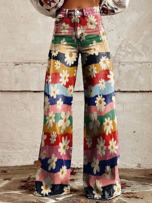 Retro Floral Wide-Leg Pants