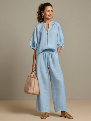 Zip Front Blouson Top Wide Leg Set