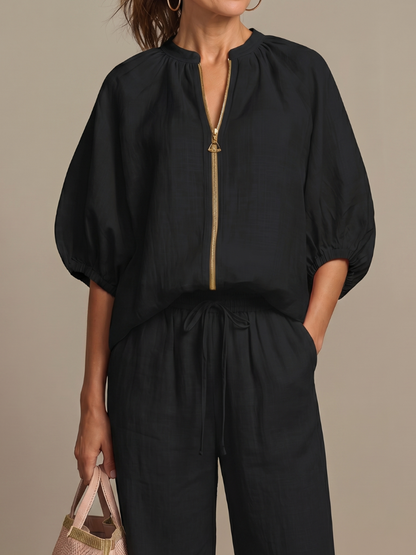 Zip Front Blouson Top Wide Leg Set