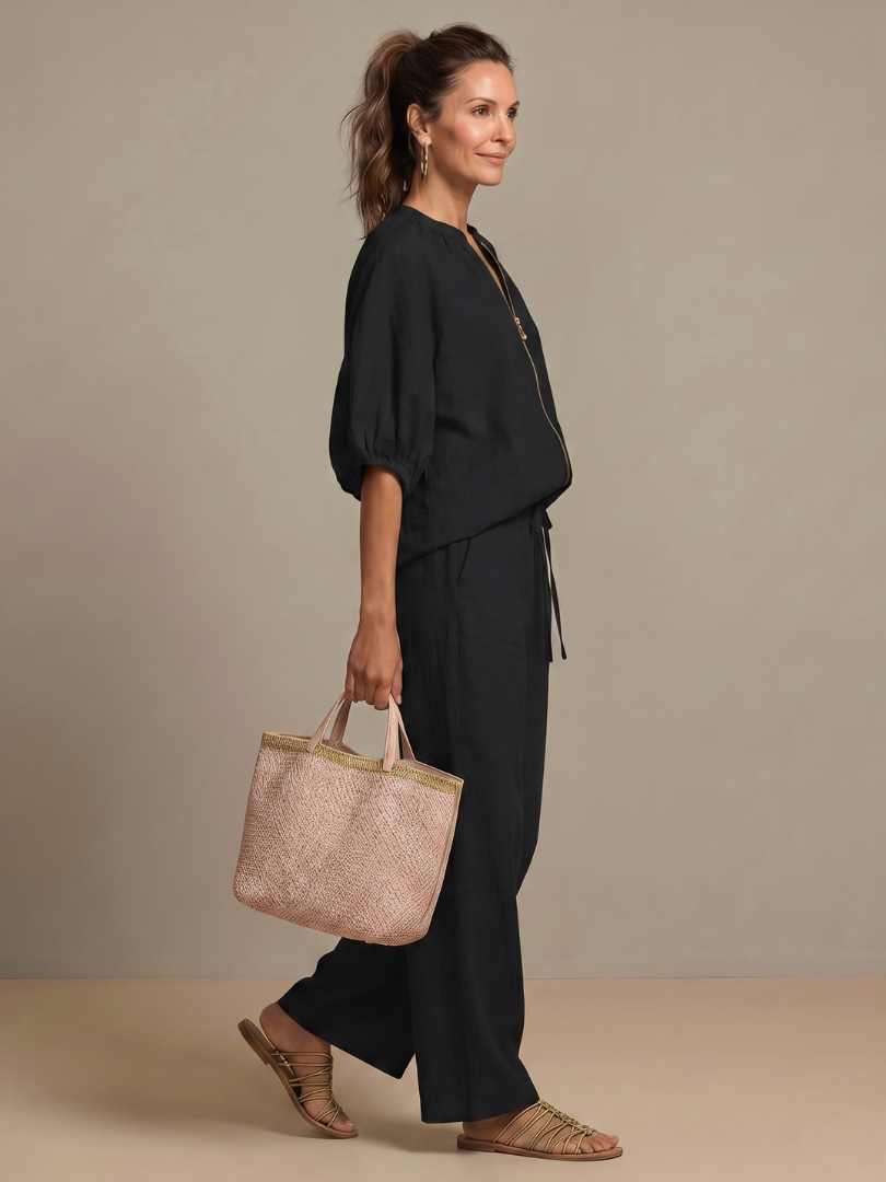 Zip Front Blouson Top Wide Leg Set