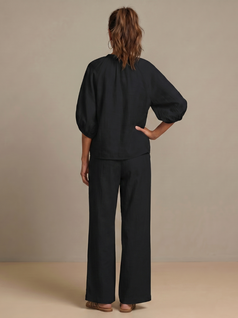Zip Front Blouson Top Wide Leg Set