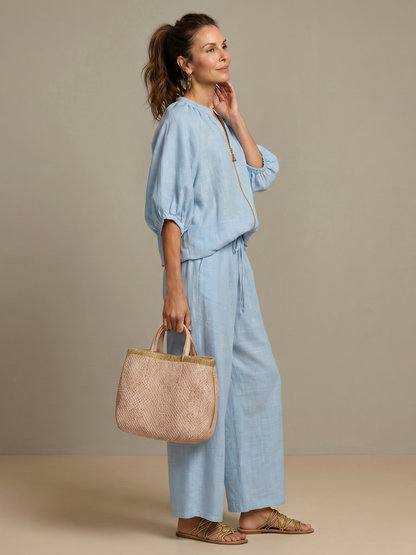 Zip Front Blouson Top Wide Leg Set