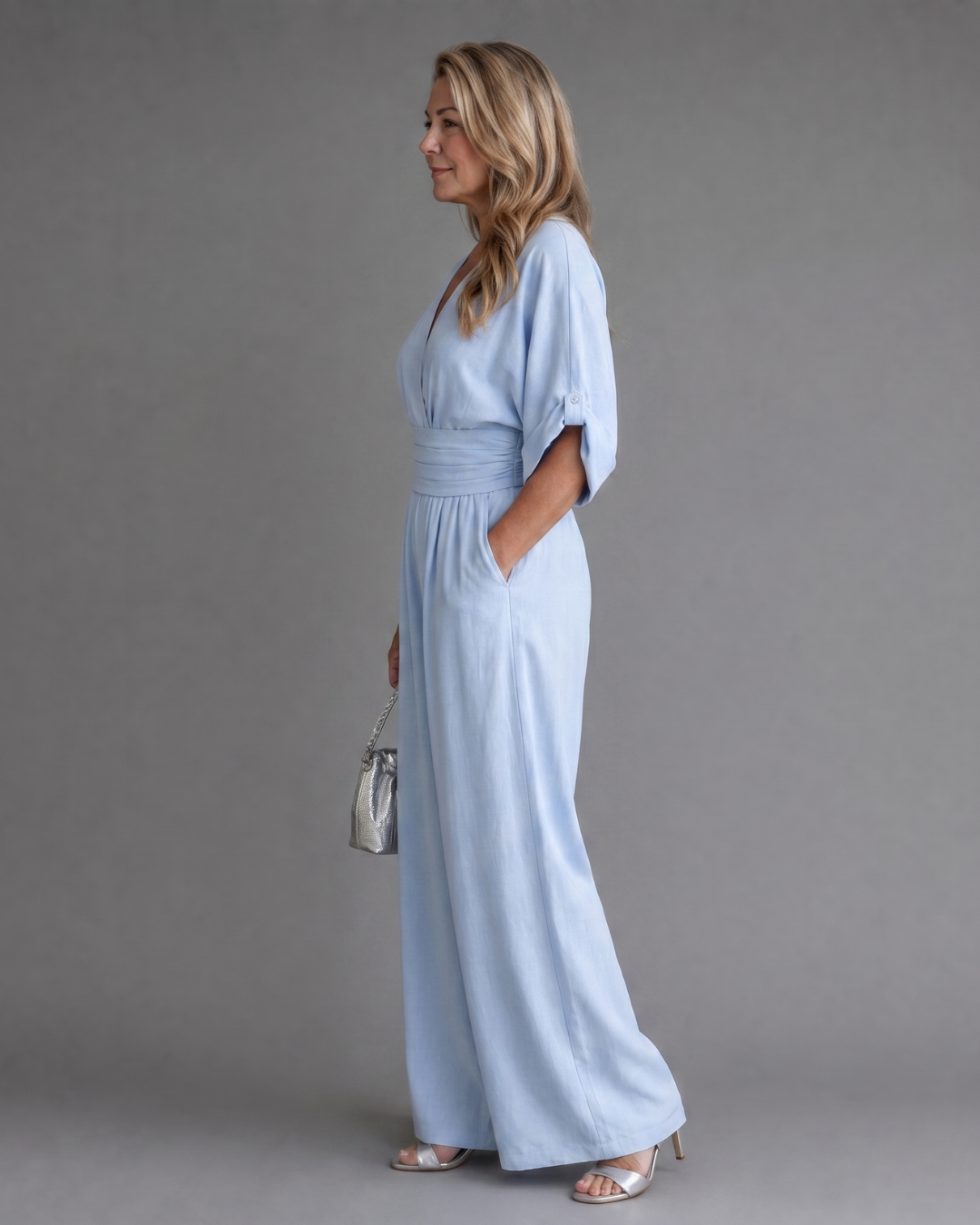 Draped V Neck Wide Leg Relaxed Jumpsuit