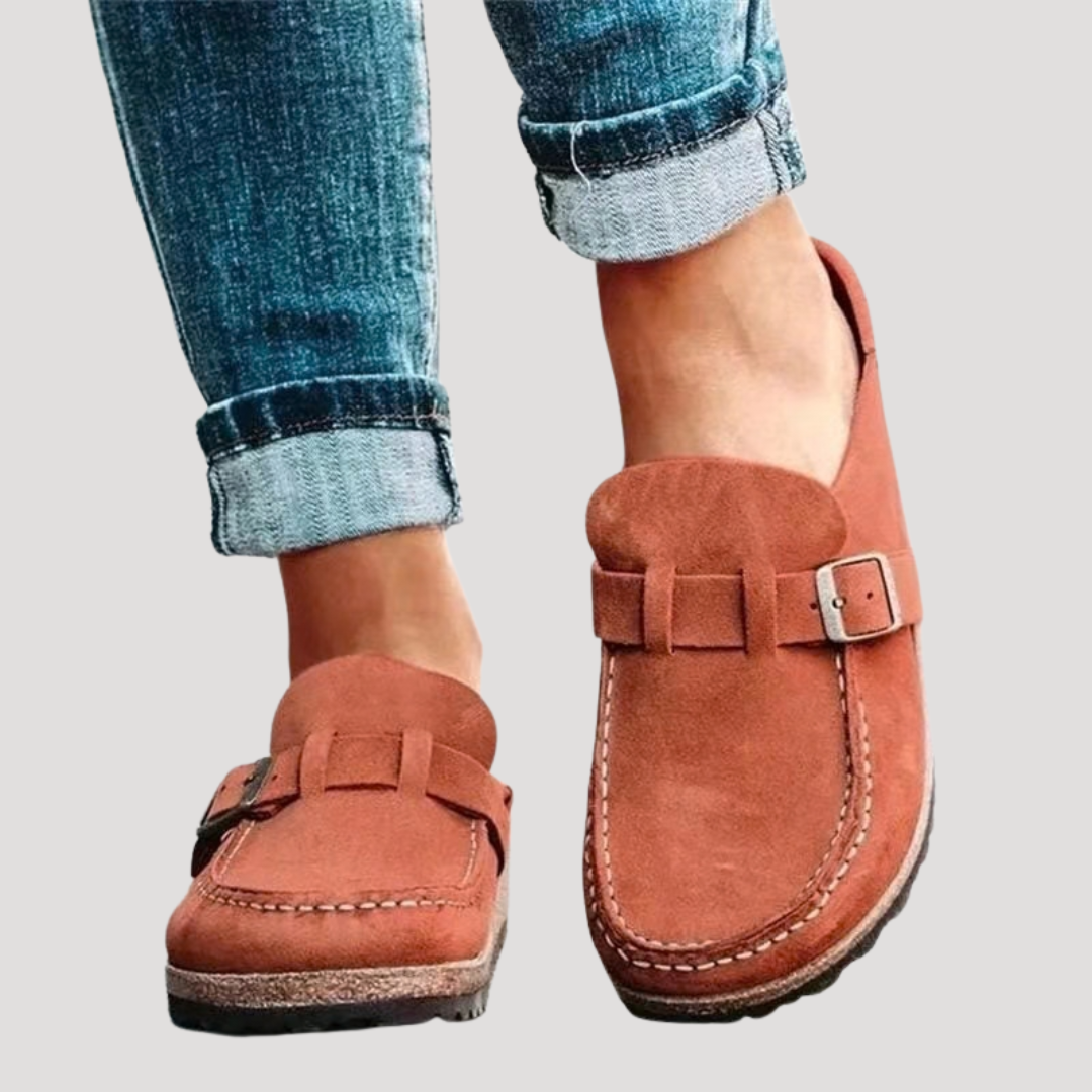 Women’s Comfort Buckle Strap Loafers – Slip-On Flat Shoes