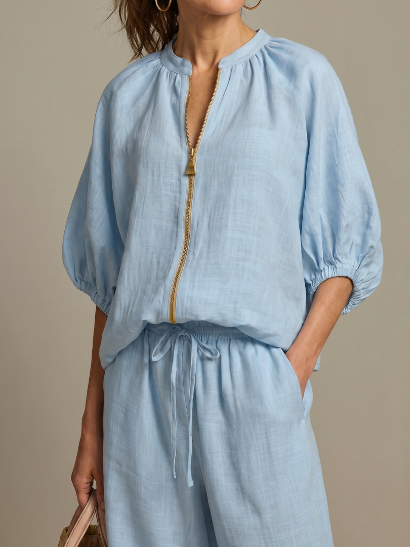 Zip Front Blouson Top Wide Leg Set