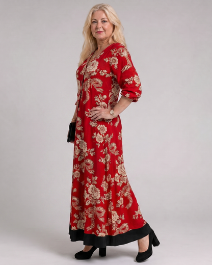 Thopal | Vintage Floral V Neck Relaxed Midi Dress