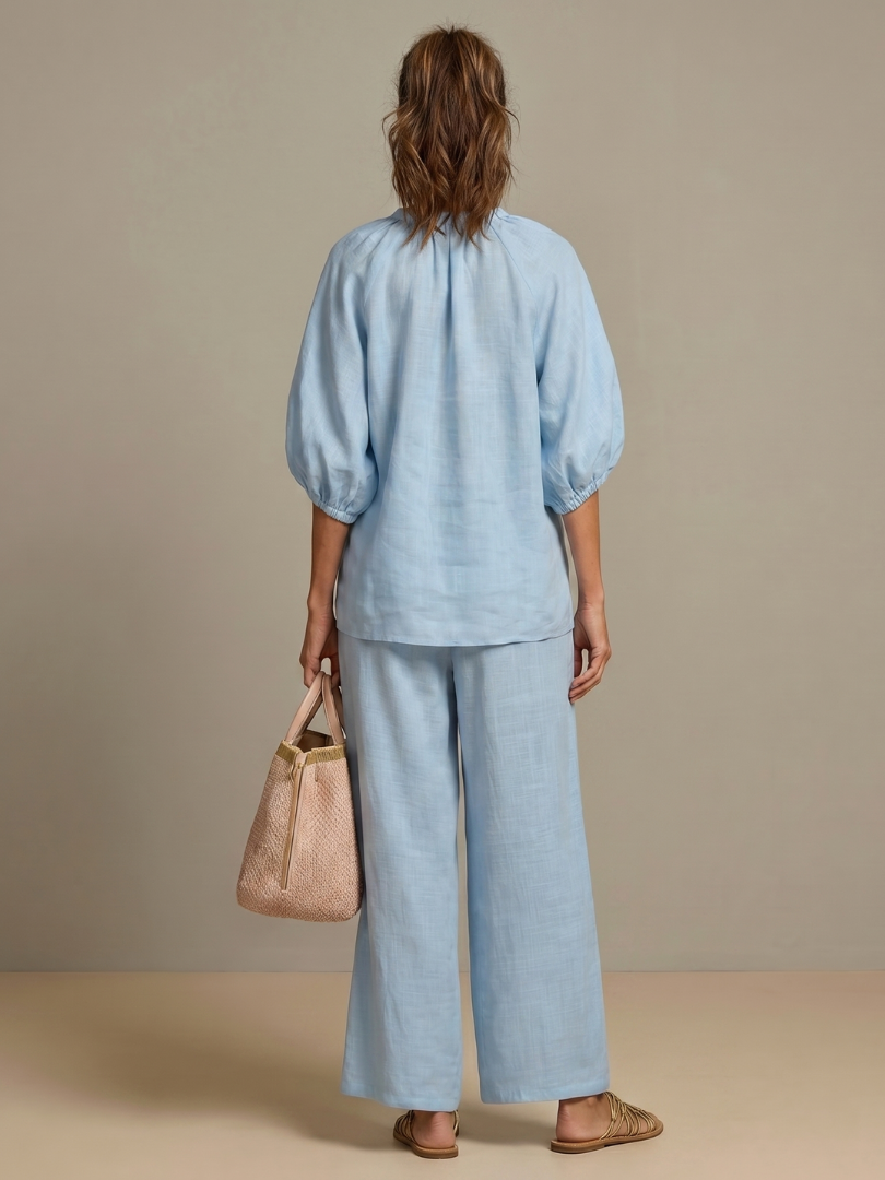 Zip Front Blouson Top Wide Leg Set