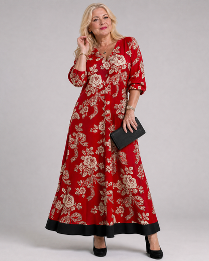 Thopal | Vintage Floral V Neck Relaxed Midi Dress