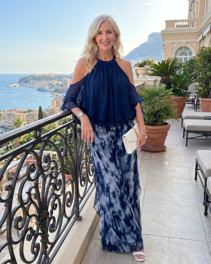 Xylara | Layered Halter Neck Printed Wide Leg Jumpsuit