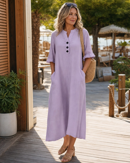 Lumar | Button Detail Three Quarter Sleeve Relaxed Midi Dress