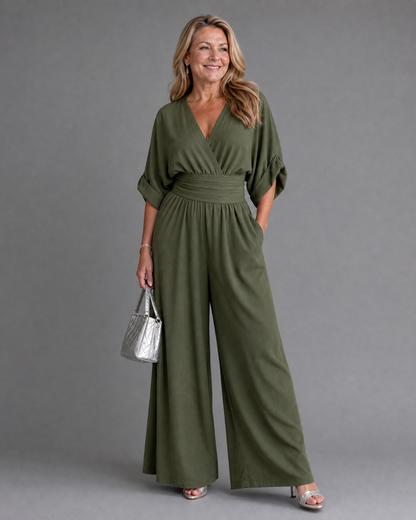 Draped V Neck Wide Leg Relaxed Jumpsuit