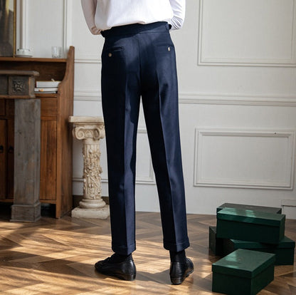London Wool Blend Textured Double Pleated Trousers