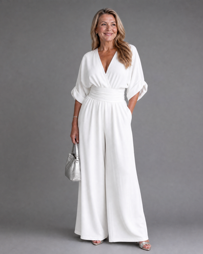 Draped V Neck Wide Leg Relaxed Jumpsuit