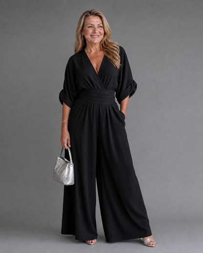 Draped V Neck Wide Leg Relaxed Jumpsuit