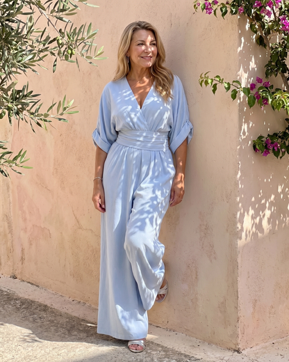 Draped V Neck Wide Leg Relaxed Jumpsuit