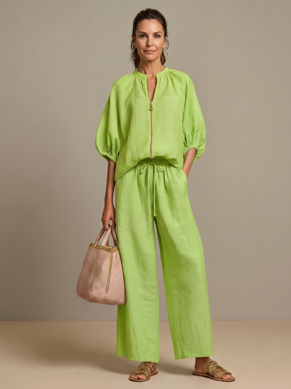 Zip Front Blouson Top Wide Leg Set