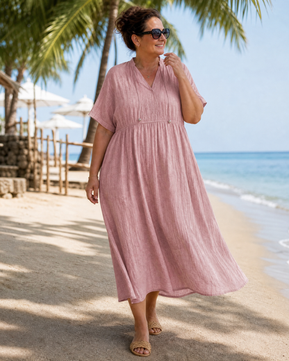 Eupherene | Textured V Neck Relaxed Short Sleeve Midi Dress