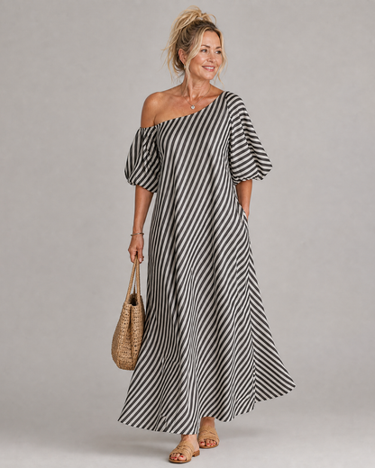 Zamrina | Striped Off Shoulder Puff Sleeve Midi Dress