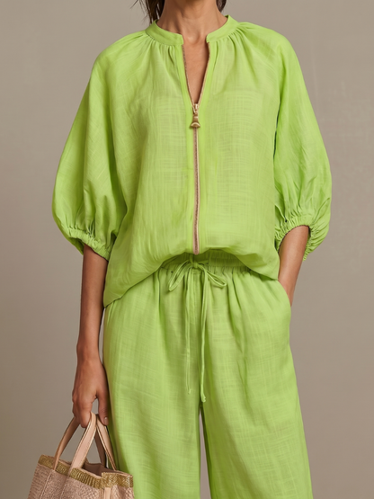Zip Front Blouson Top Wide Leg Set