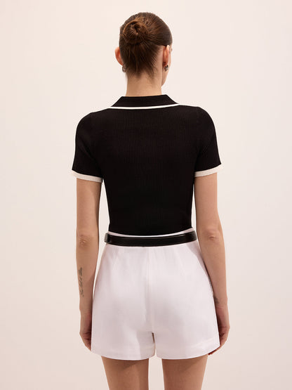 Ribbed Knit Short Sleeve Polo Top