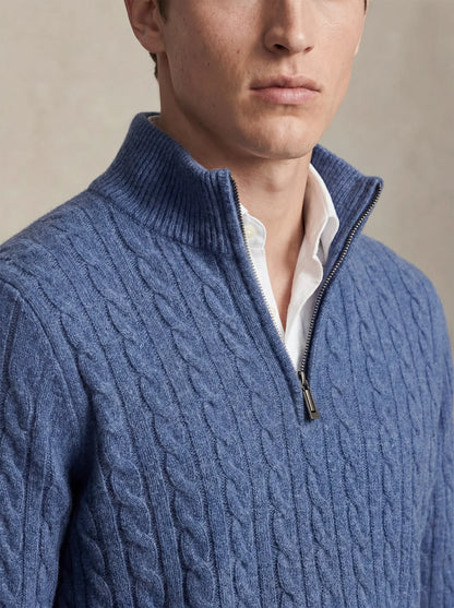 Cable Cashmere Half-Zip Light Blue