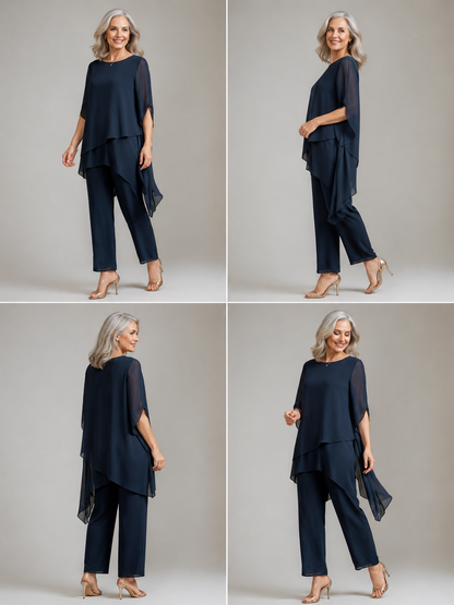 2 Pieces Set 1/2 Sleeves Ankle-Length Asymmetrical Pantsuits With Button