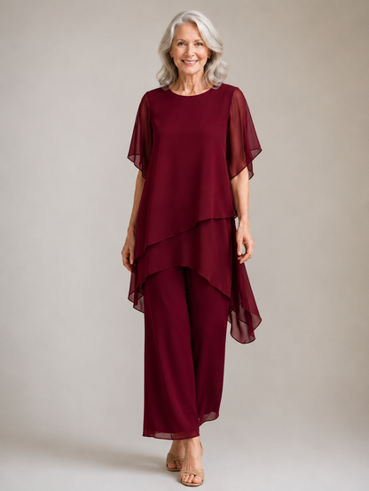 2 Pieces Set 1/2 Sleeves Ankle-Length Asymmetrical Pantsuits With Button