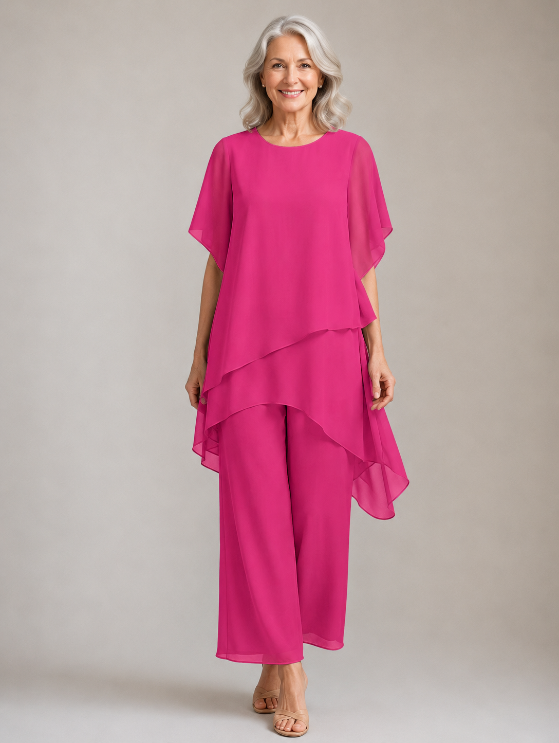 2 Pieces Set 1/2 Sleeves Ankle-Length Asymmetrical Pantsuits With Button