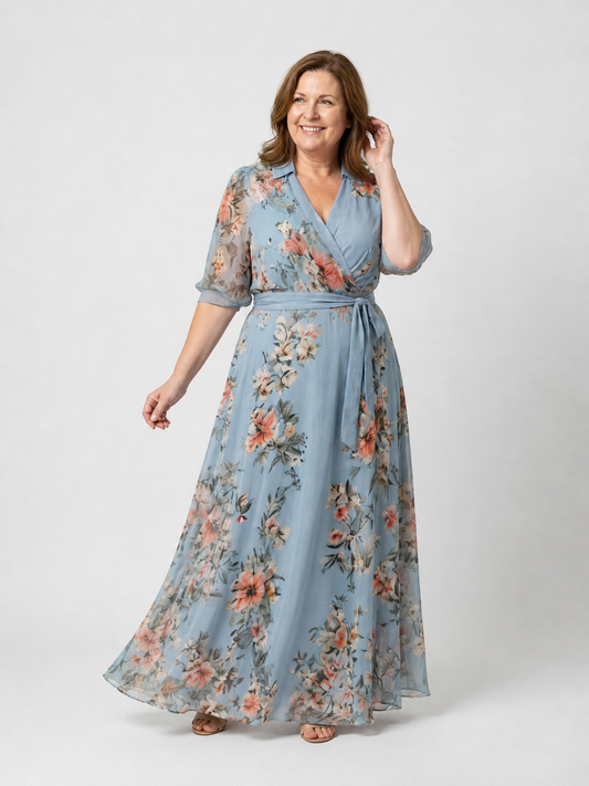 Ela Floral Wrap V Neck Maxi Dress
