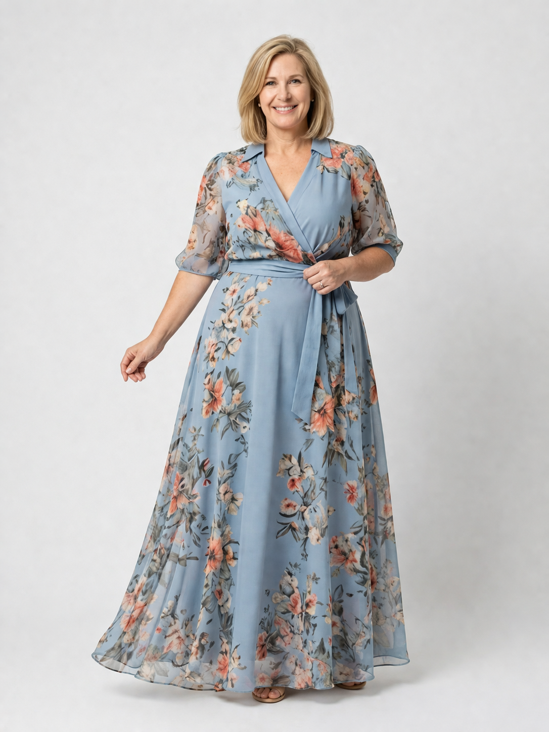 Ela Floral Wrap V Neck Maxi Dress