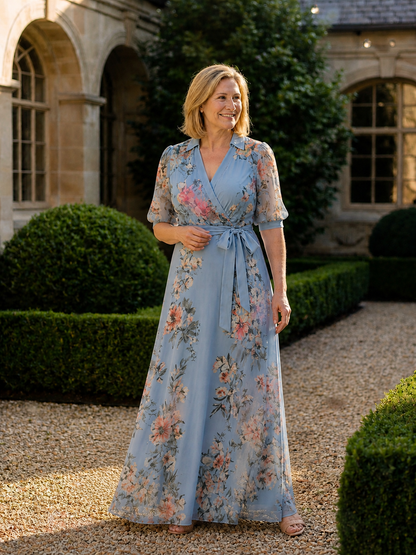 Ela Floral Wrap V Neck Maxi Dress