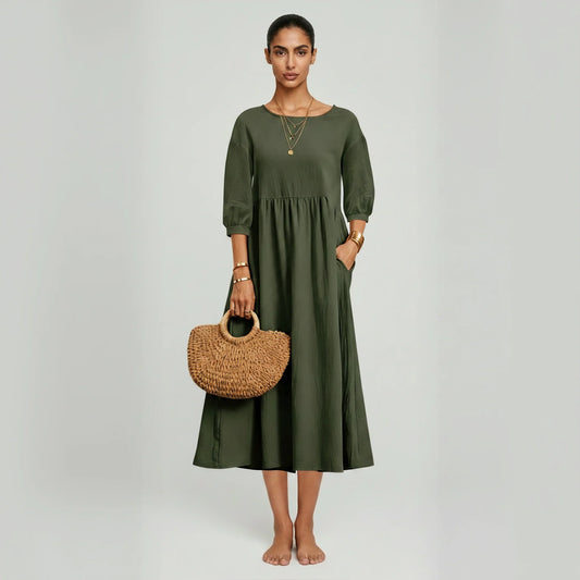Elegant Solid Puff-Sleeve Pocket Maxi Dress