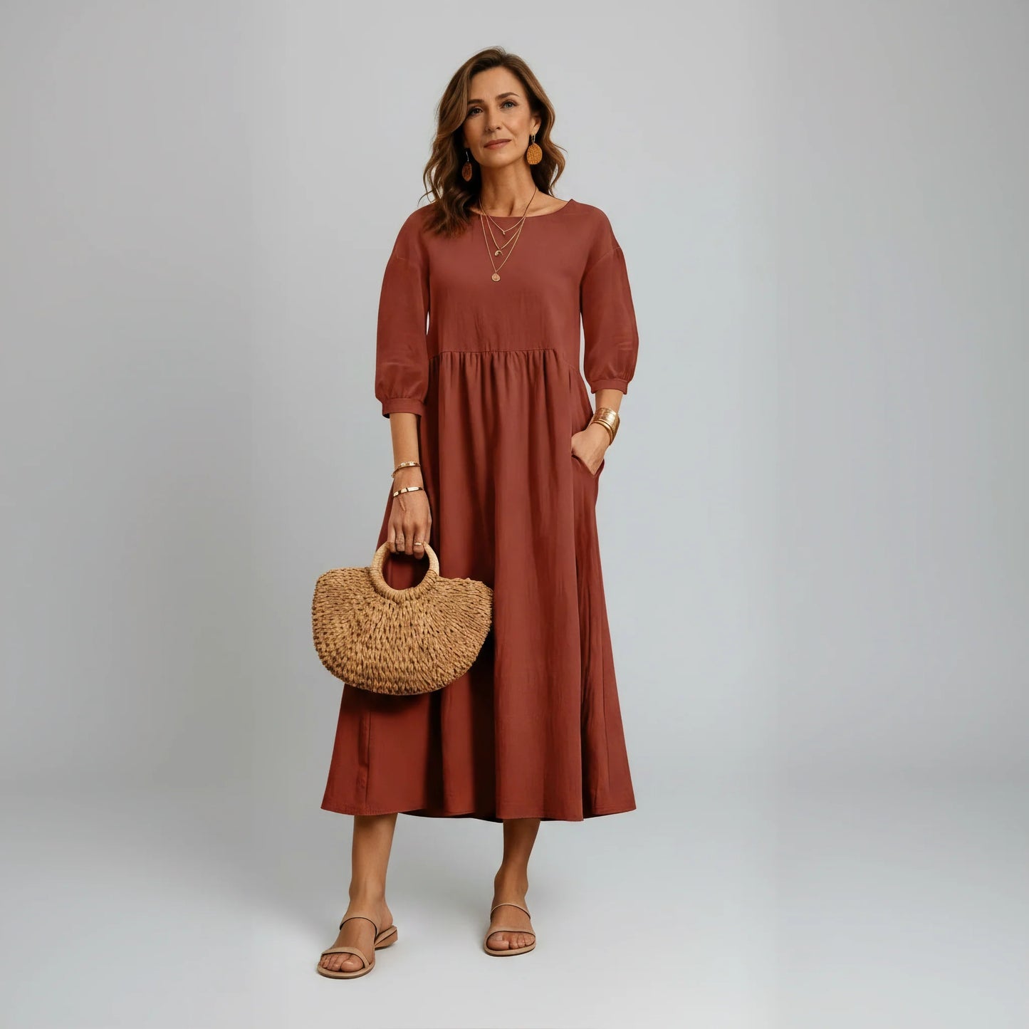 Elegant Solid Puff-Sleeve Pocket Maxi Dress