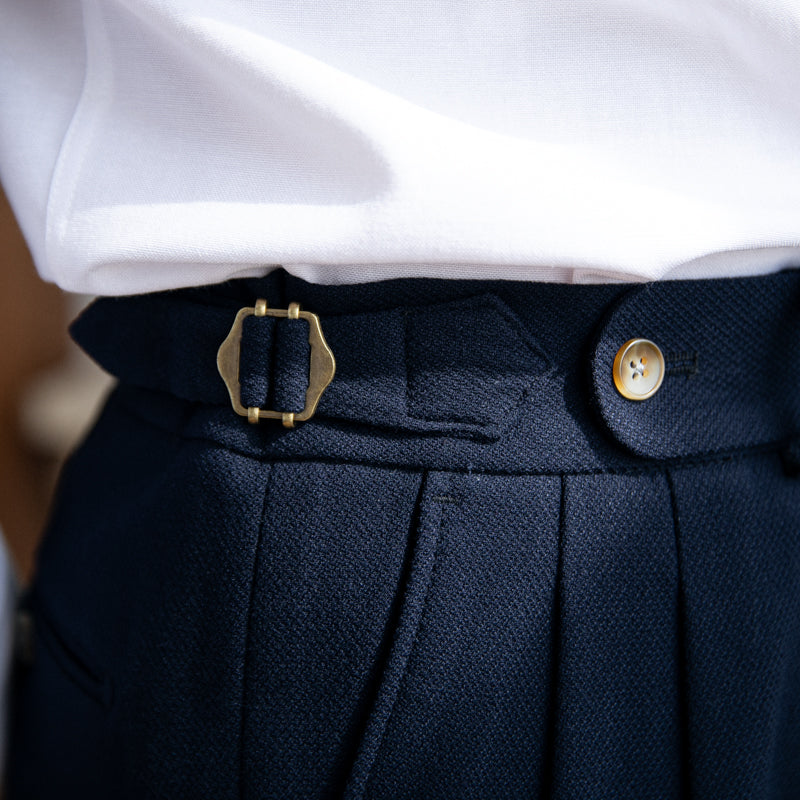 London Wool Blend Textured Double Pleated Trousers