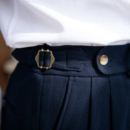 London Wool Blend Textured Double Pleated Trousers