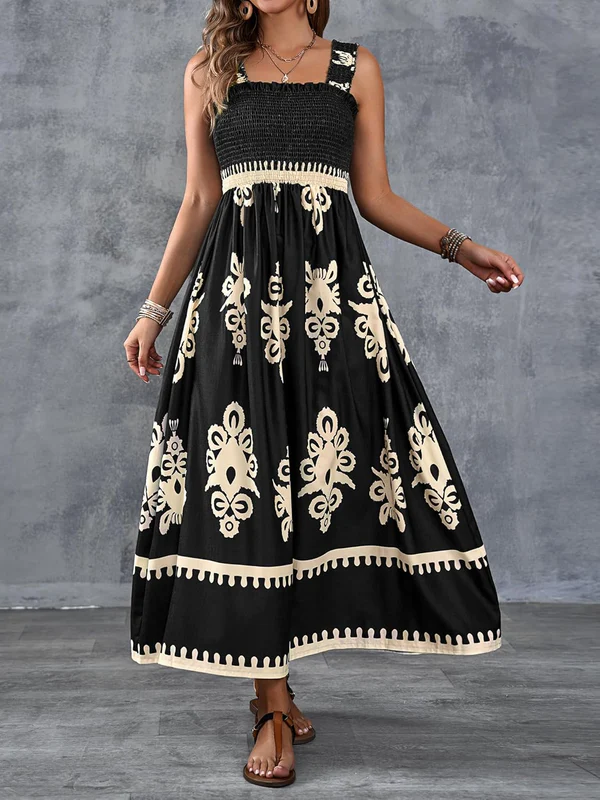 Artistic Geometric Print Smocked Maxi Dress