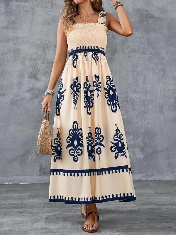 Artistic Geometric Print Smocked Maxi Dress