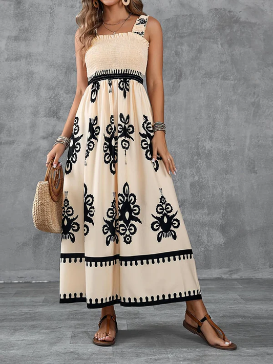 Artistic Geometric Print Smocked Maxi Dress
