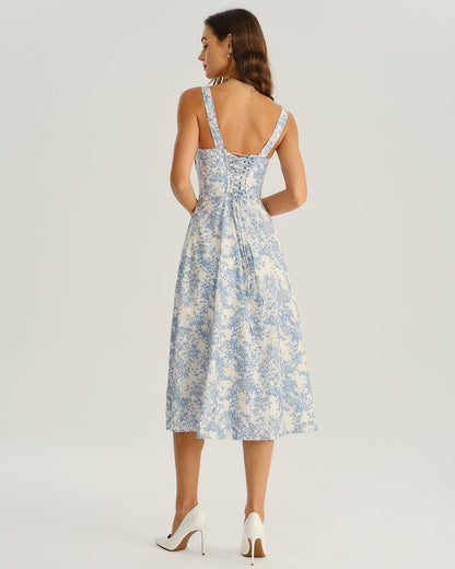 Blue Floral Ruched Slip Midi Dress